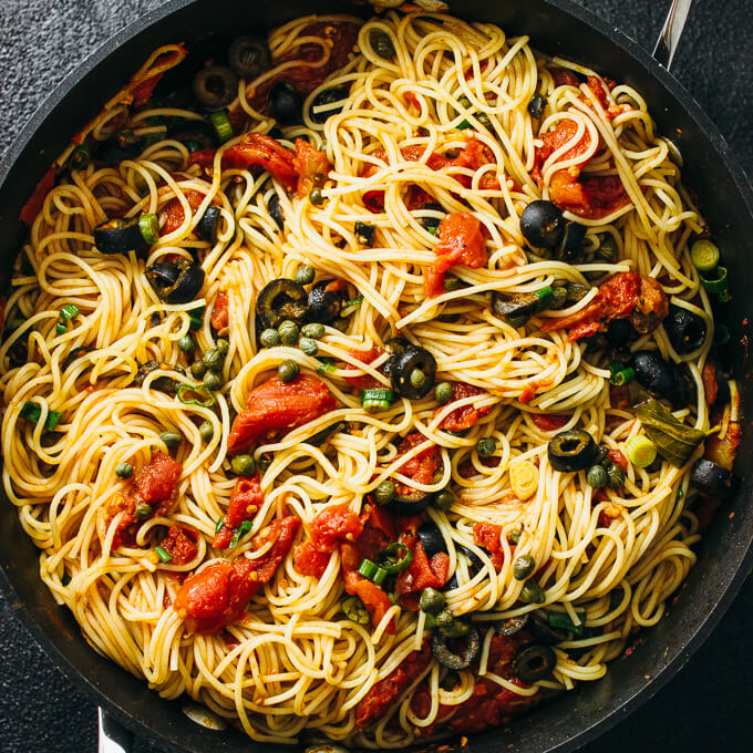 Spaghetti Puttanesca with Capers and Olives - Savory Tooth
