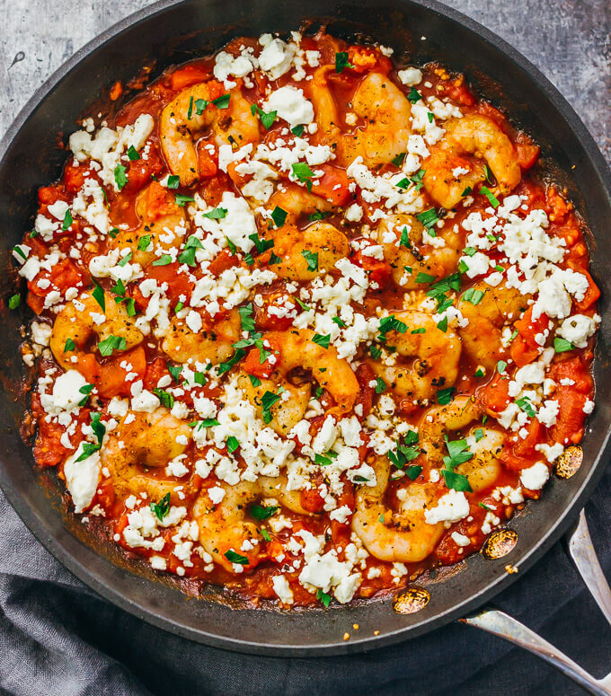 Pan Seared Shrimp with Tomatoes, Feta, and Garlic - Savory Tooth