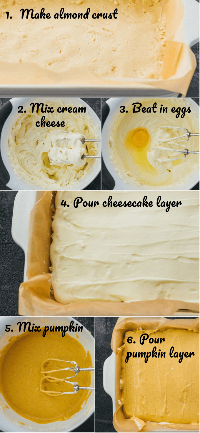 collage showing how to assemble pumpkin cheesecake bars