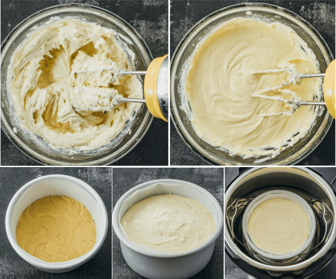 Step by step photos making cheesecake batter and almond crust for the instant pot pressure cooker