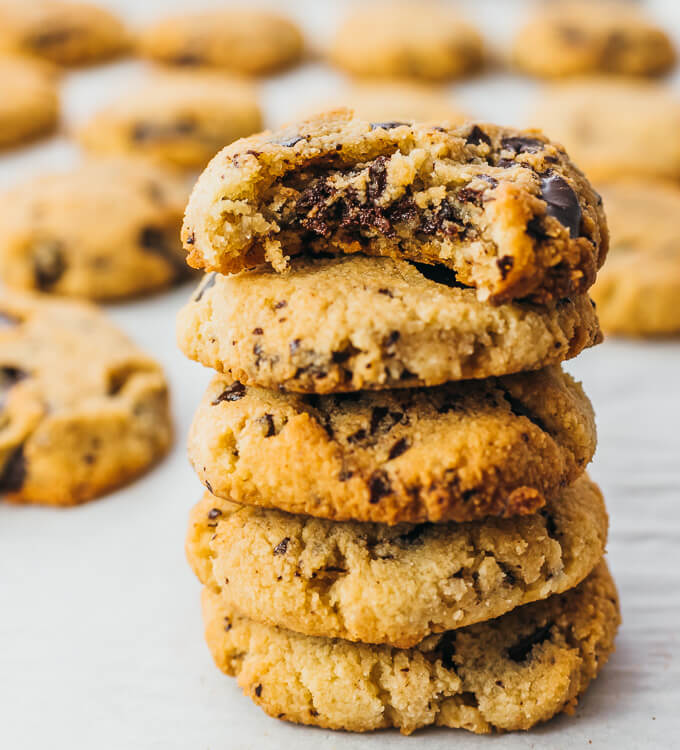 tall stack of chocolate chip cookies