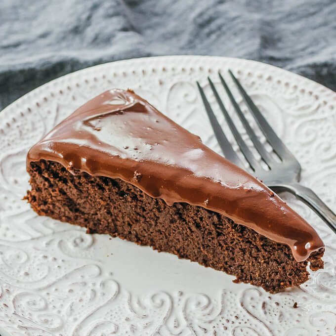 chocolate cake slice with black fork