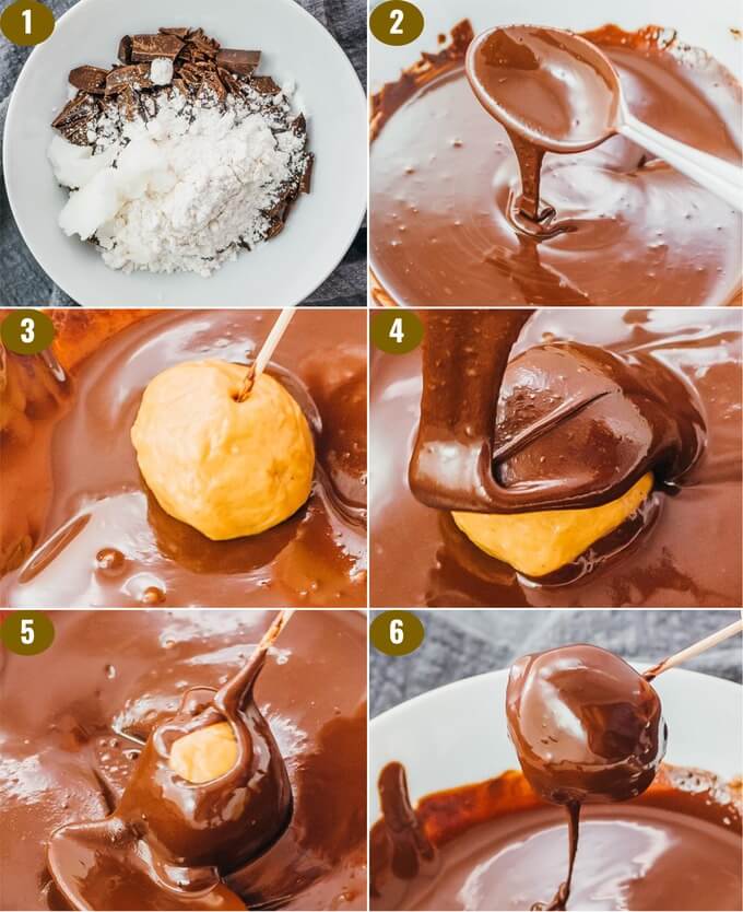 dipping peanut butter balls into melted chocolate